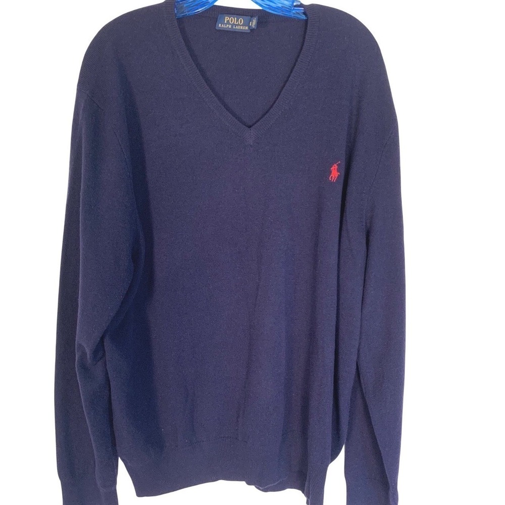 Polo Ralph Lauren XXL Sweater Navy Excellent V-Neck Merino Wool Italian Red Pony